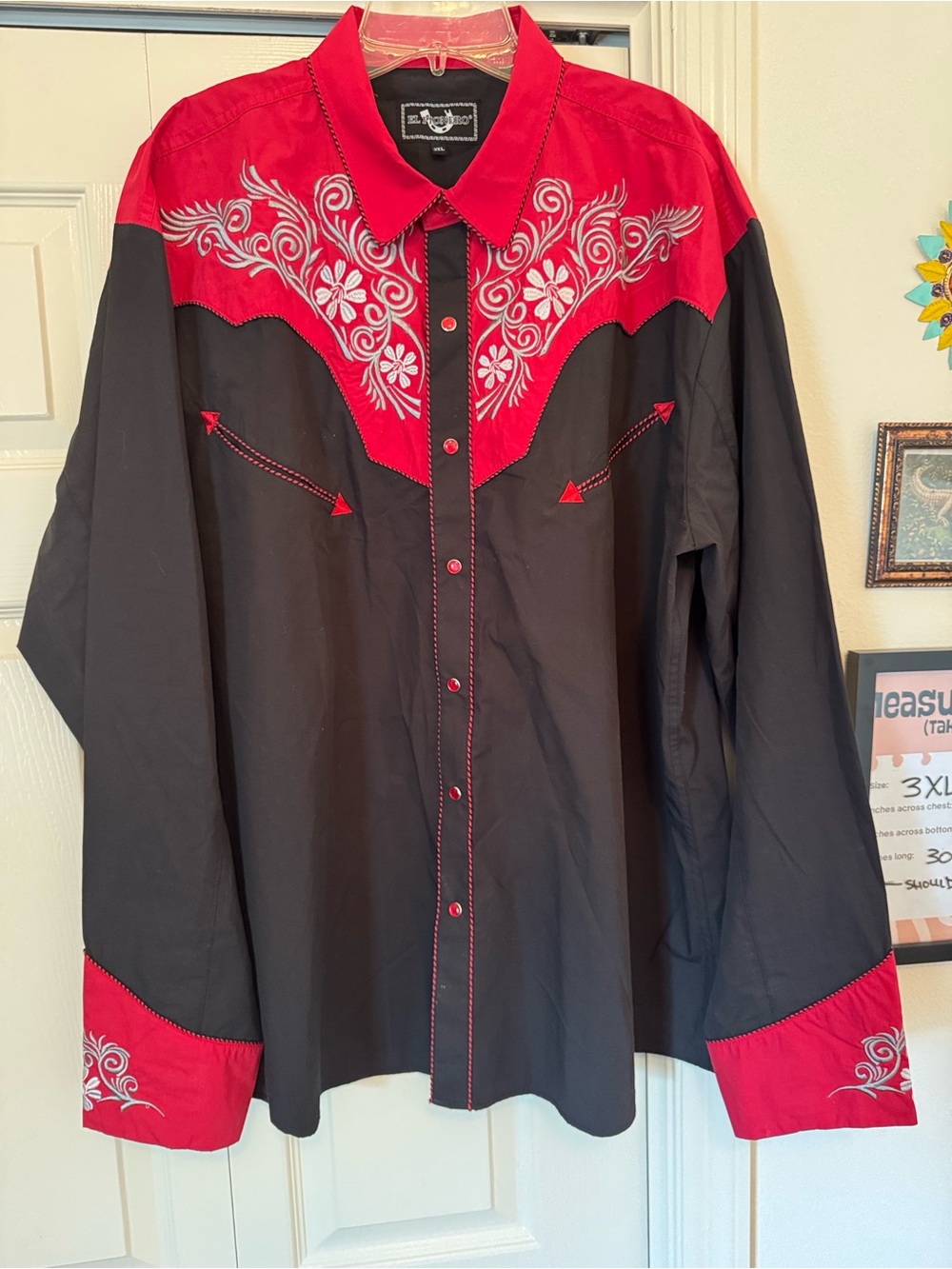 El Pionero Western Mens 3XL Pearl Snap Button Cotton Shirt Red & Black Cowboy 3X